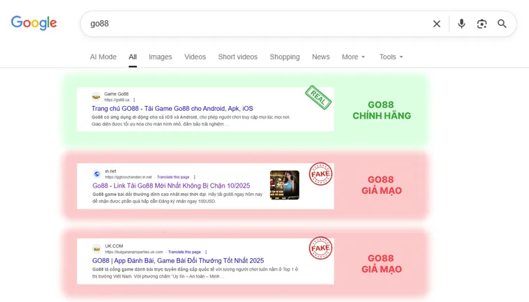 Chuyên Gia Vạch Trần Website Go88 Giả Mạo Cực Kỳ Tinh Vi 3 Link thật Go88.com ngắn gọn, dễ đọc, còn link giả Go88.com dài, chứa ký tự đặc biệt hoặc số rối.